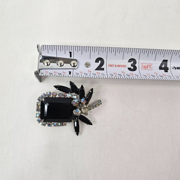 Vintage Silver Tone Black AB Rhinestone Brooch Aurora Borealis Open Back - Picture 8 of 8